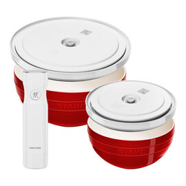 Set de bols avec pompe et couvercles sous vide, 18 cm/24 cm/5 pièces, Rouge Cerise/Blanc, Céramique