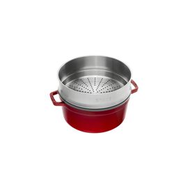 Cocotte com vaporizador 26 cm, redondo, Vermelho cereja, Ferro fundido
